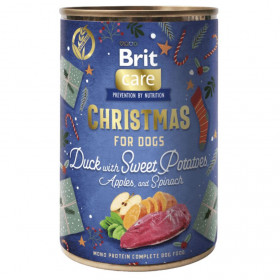 Празнична, коледна консерва за кучета Brit Care Dog  Monoprotein Christmas can Duck с 66% патешко месо, сладък картоф, ябълка и спанак